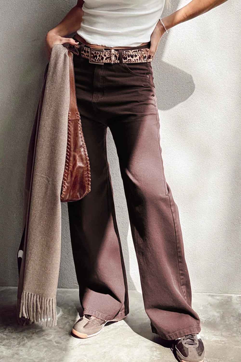 Red Dahlia Solid Color Loose Straight High Waist Jeans Coffee 98%Cotton+2%Elastane 4e6803cd9d929786
