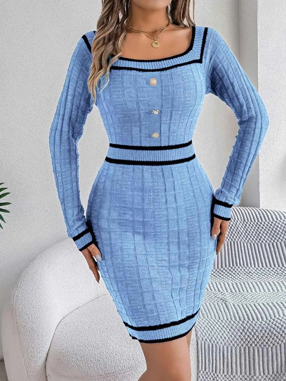 Contrast Trim Long Sleeve Sweater Dress 4e687040-f03b-4fbf-bce1-fbc6957557ad-Max