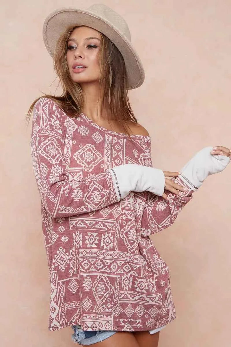 Aztec Print French Terry Top with Thumb Opening 4e6921353b5f4d8c8870052b0fd29dff-Max-Origin