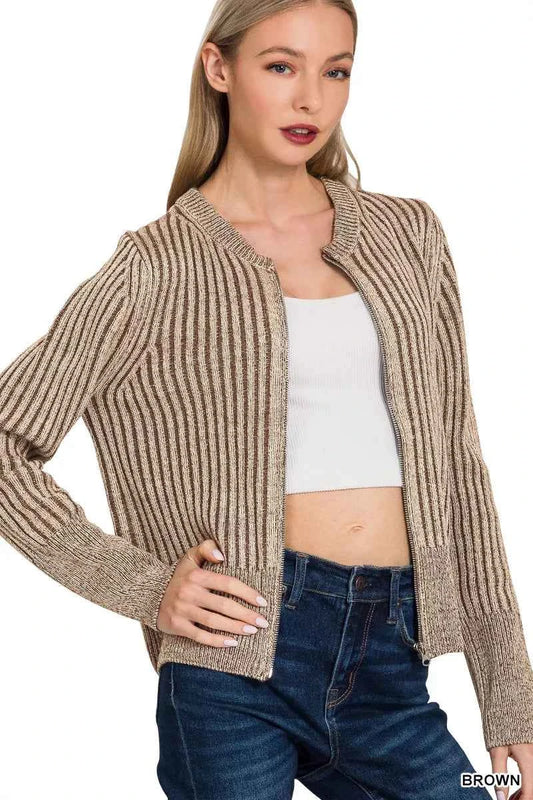 Zenana Ribbed Two Tone Zip Up Sweater Cardigan 4e6b29b8-ba6e-4600-b61d-6c3ddf413ce8-Max-Origin