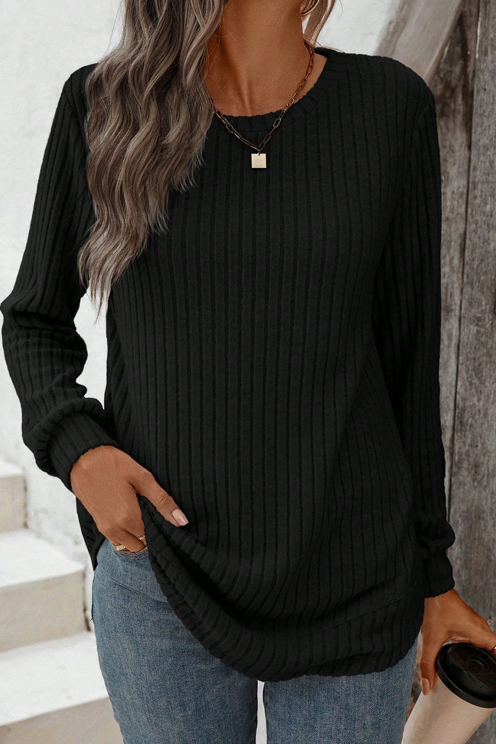 Black Ribbed Texture Round Neck Long Sleeve Rounded Hem Top 4e6d3ba24f4e53dd