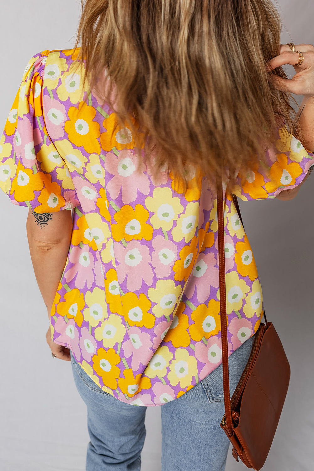 Purple Frilled Neck Puff Short Sleeve Flower Top 4e6e51ab6c5aefd5