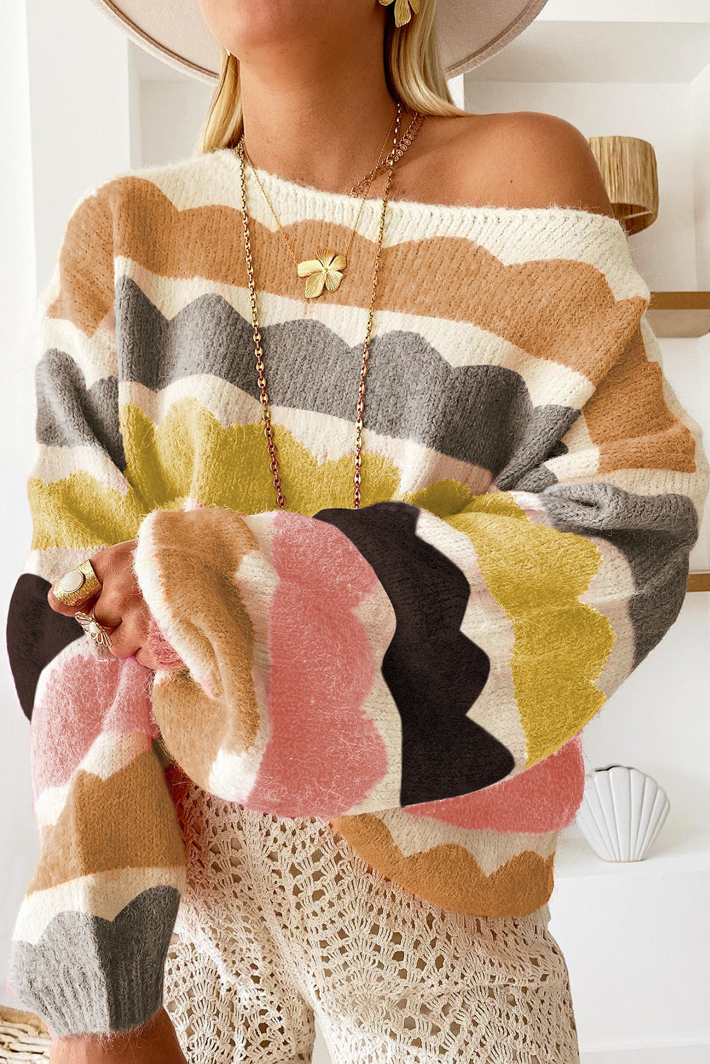 Yellow Wave Striped Balloon Sleeve Drop Shoulder Sweater 4e709ffe31b3ef17