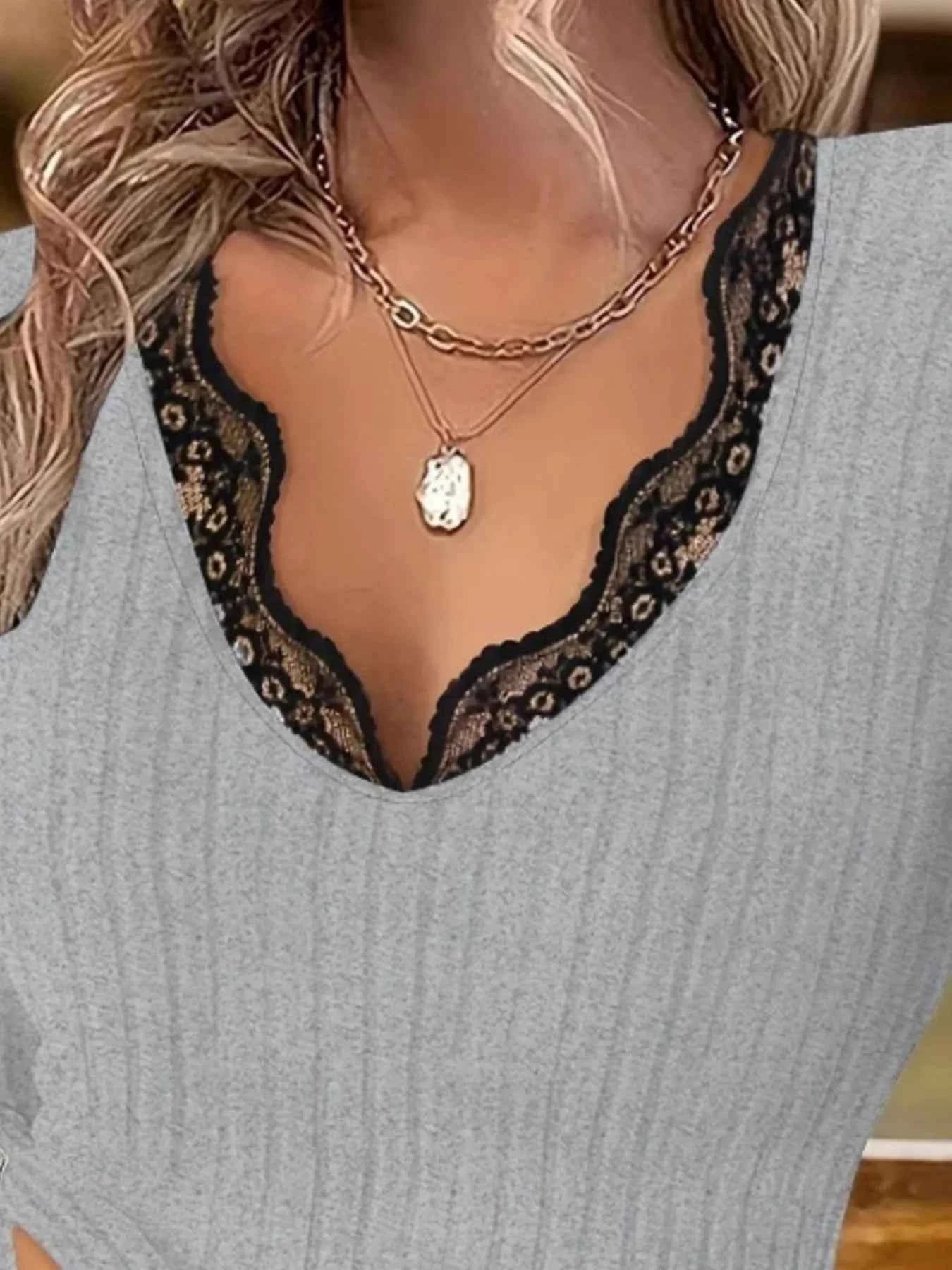 Full Size Ribbed V-Neck Lace Trim Long Sleeve T-Shirt Plus Size
