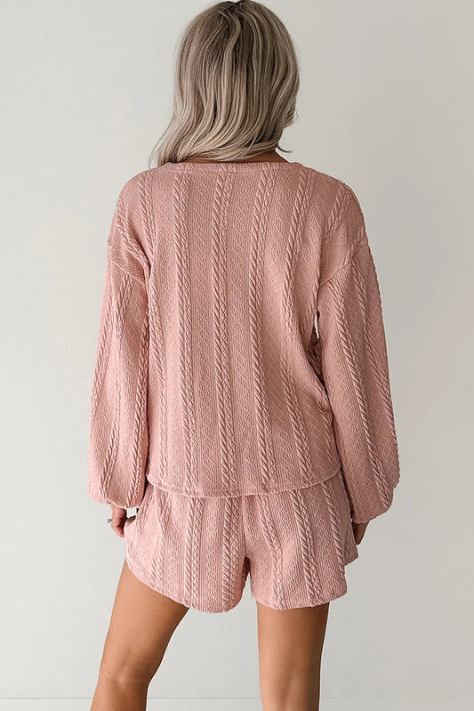 Gossamer Pink Cable Knit V Neck Cardigan Shorts Set 4e82e240119e7738