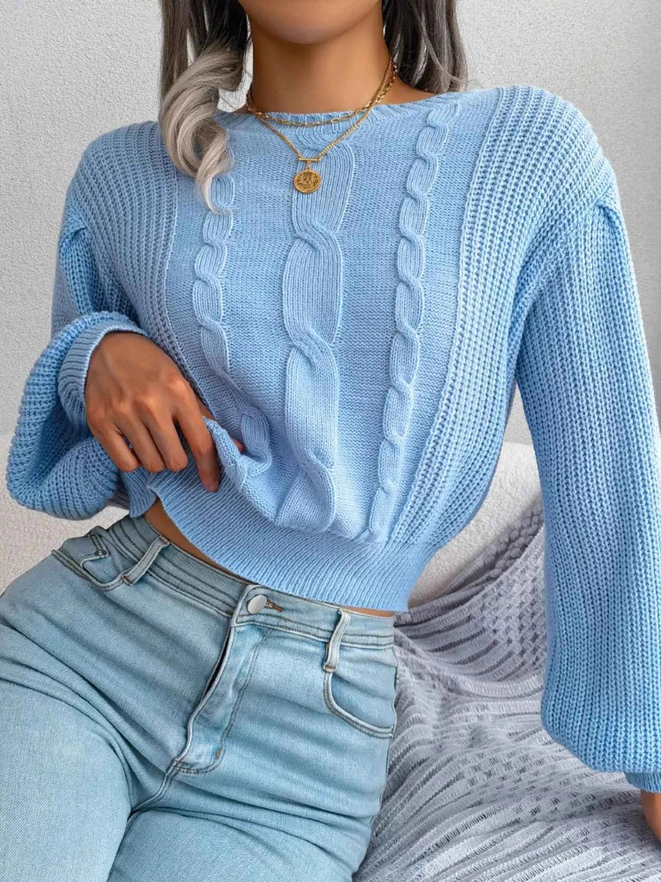 Cable Knit Round Neck Cropped Sweater Pastel Blue 4e8680a8-944a-4803-9538-bd21b1d21ad1-Max-Origin