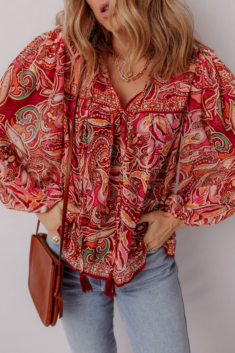Multicolour Ethnic Paisley Print Tassel Tie Puff Sleeve Boho Blouse 4e8a8a9999d479ff