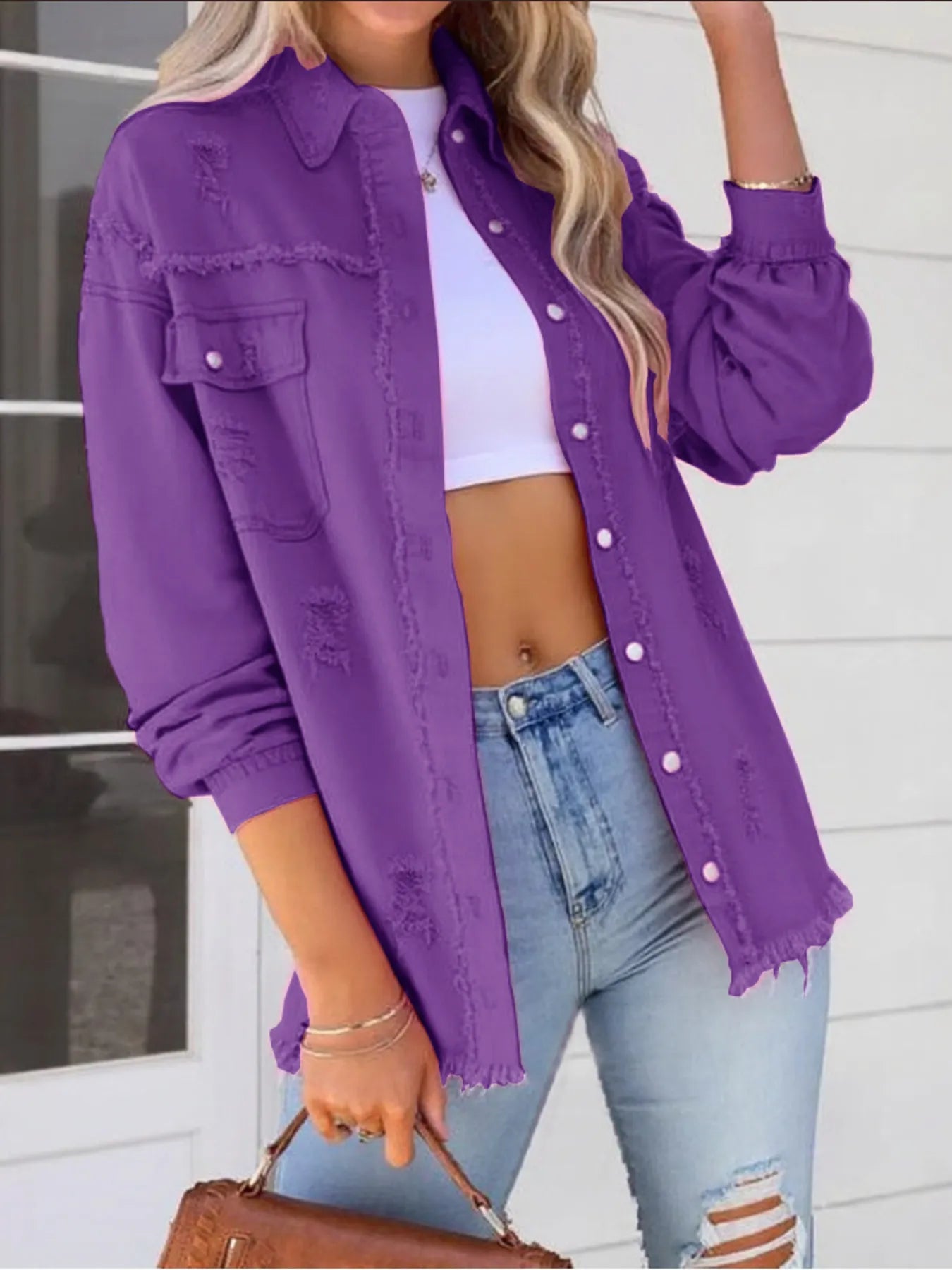 Distressed Denim Jacket with Frayed Edges Dark Purple 4e8f083e9eef451fa0f7c516ed3259c3-Max-Origin