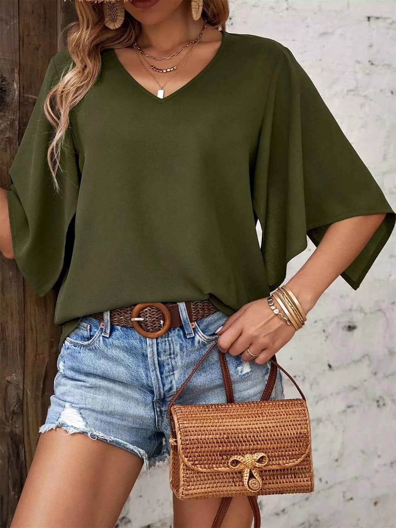 V-Neck Flutter Sleeve Blouse Green 4e9206226b7f4f1892a88982f9208a52-Max-Origin