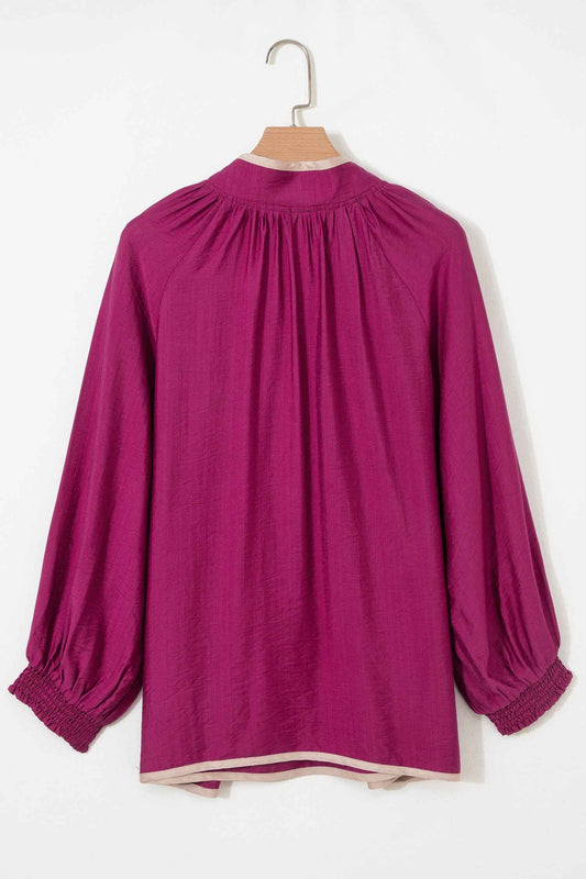 Wild Ginger Plus Size Contrast Trim Button V Neck Puffy Bracelet Sleeve Blouse 4e9e13e6ed10beb7