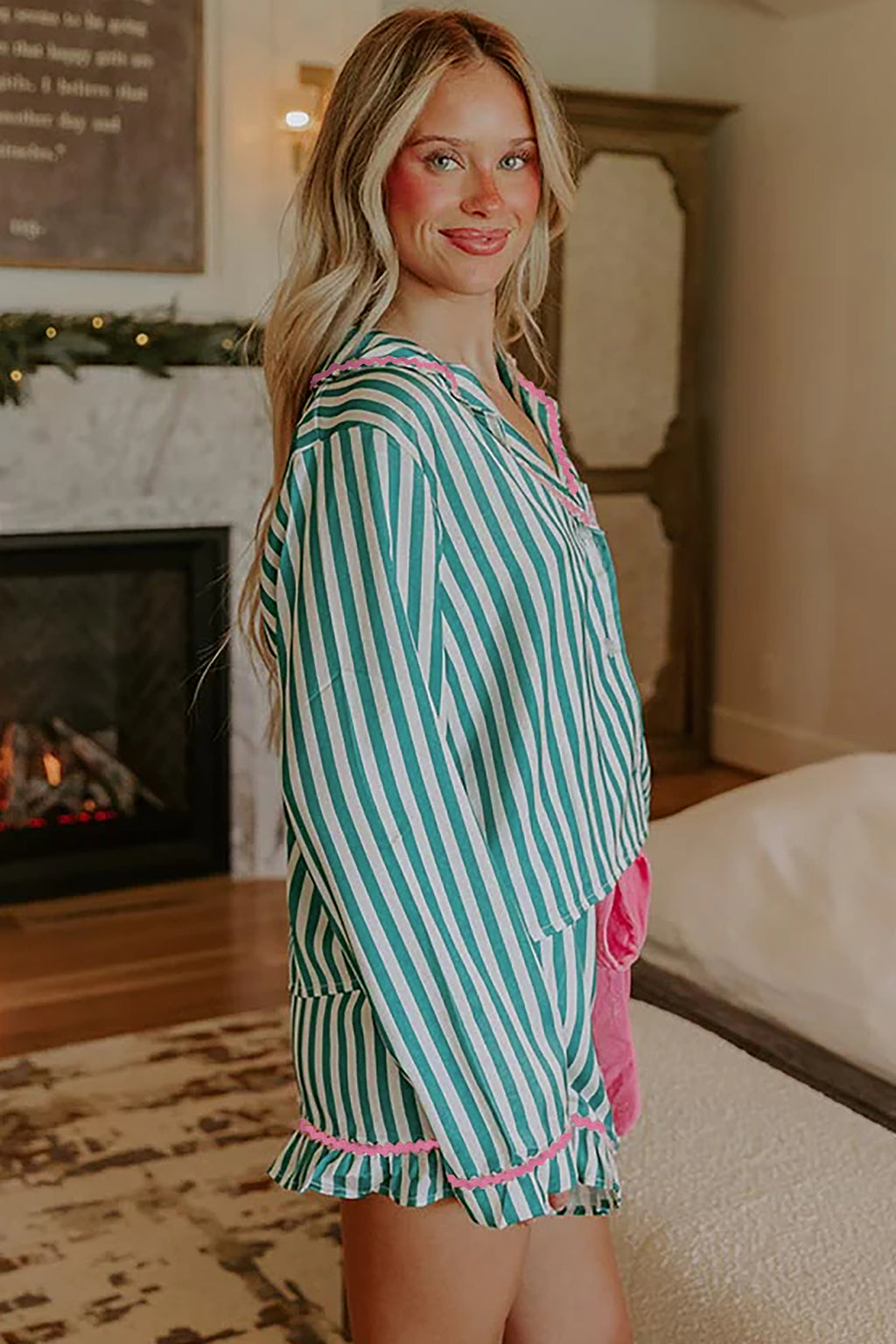 Green Stripe Contrast Ricrac Trim Long Sleeve Shirt Drawstring Ruffled Pajama Short Set 4ea091910bdf66c7