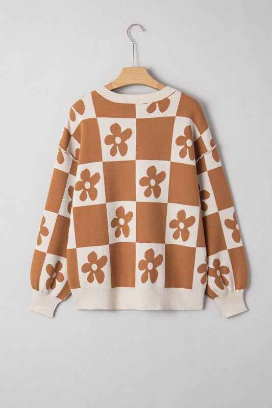 Flower Checker Henley Baggy Sweater 4ea76148-d135-4ef6-9b73-290e44365b6e