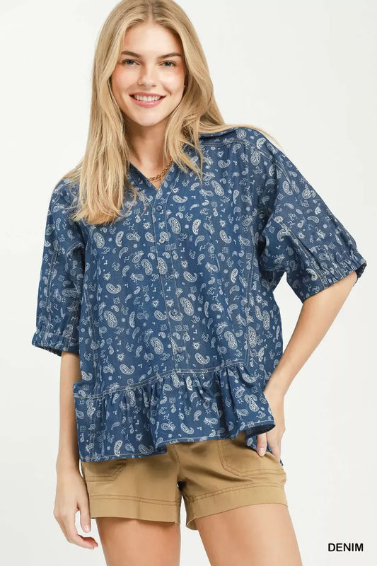 Paisley Print Chambray Top DENIM 4ea88d1f-cfdb-467a-8ede-b72186095f89-Max-Origin