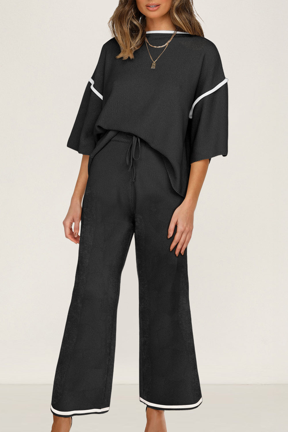 Black Loose Contrast Trim Half Sleeve Top and Drawstring Pants Set Black 60%Polyester+40%Viscose 4eaa160711515eea