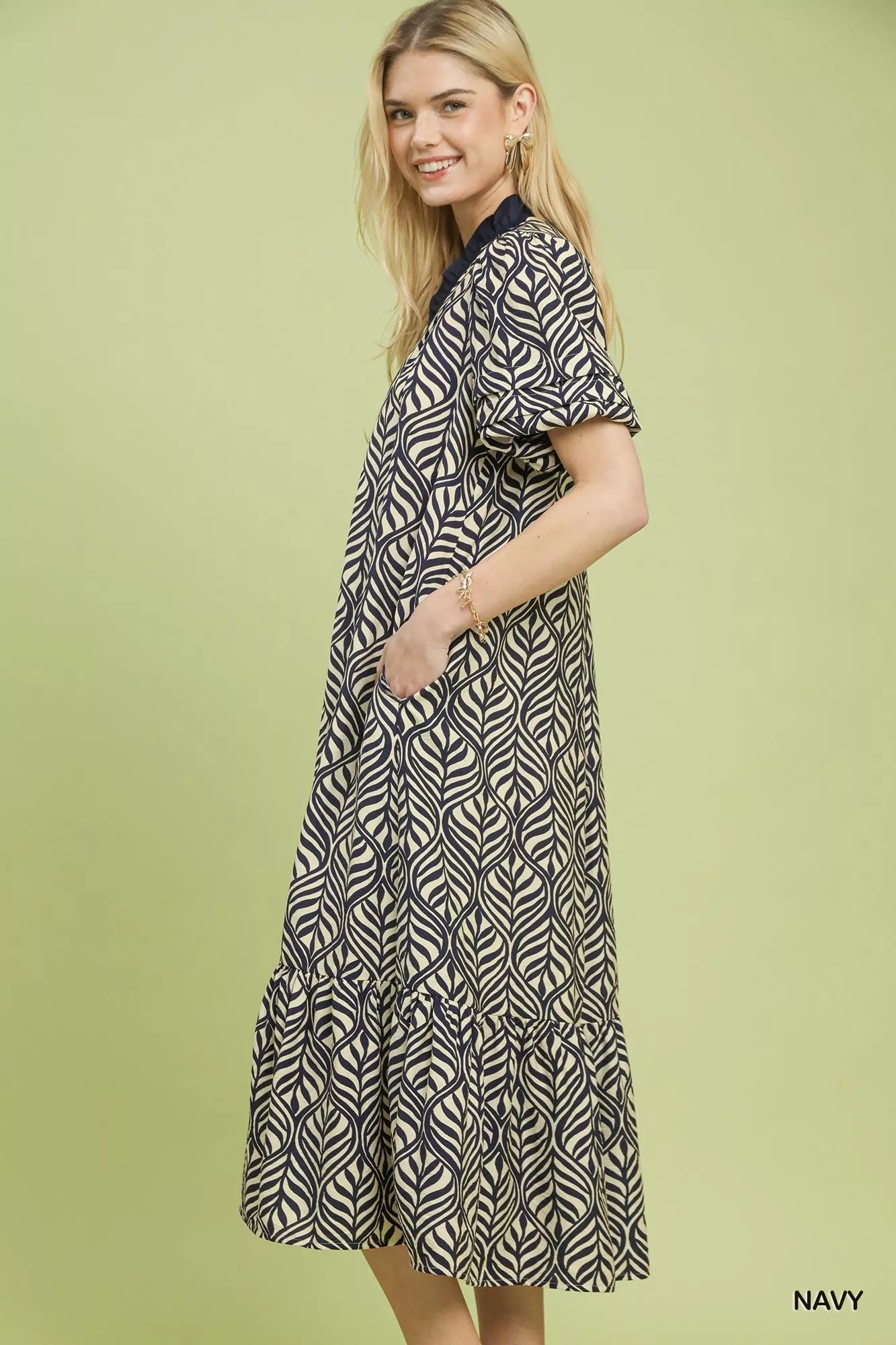 Umgee Leaf Print Ruffle Neck Midi Dress 4eaa2cd2-61f2-4d96-829e-af0d8e7945d3-Max-Origin