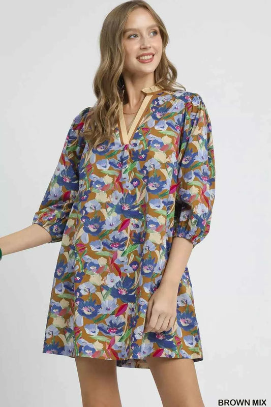 Boho Floral Balloon Sleeve Mini Dress BROWN MIX 4eae5d34-2bf8-4a84-915e-539d5cba3ab0-Max-Origin