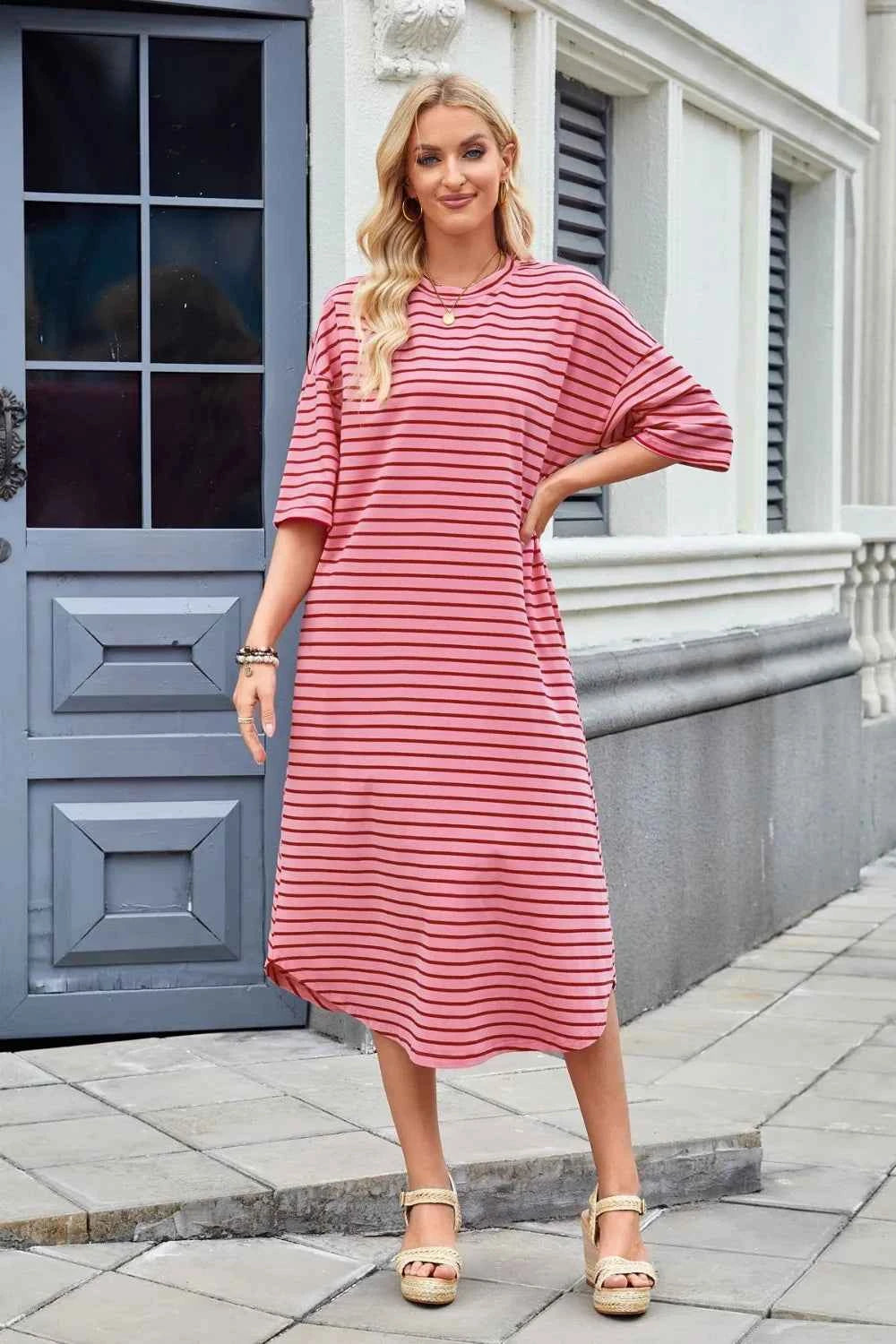 Lovelet Contrast Striped Half Sleeve Midi Tee Dress Red 4eb207c9-4b7f-477c-8058-d71e2280fc2e-Max