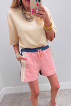 Pink Color Block Patchwork Varsity Striped Detail Drawstring Elastic Waist Shorts 4ebe3c62fe520b9e
