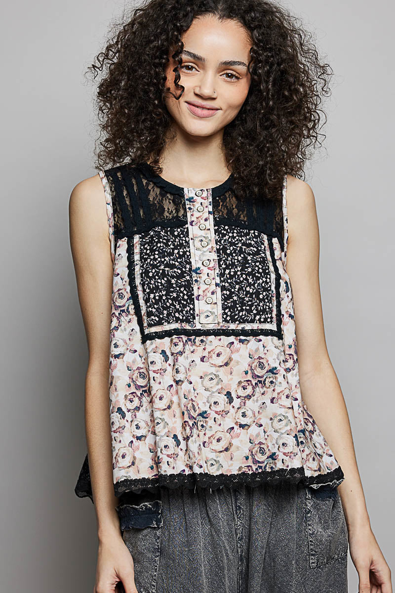 POL Printed Woven Lace Back Round Neck Sleeveless Top BLACK 4ec32f68-f46e-44b1-8fe6-0b9135228d4d-Max
