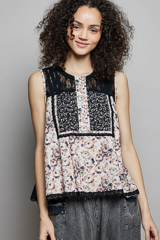 POL Printed Woven Lace Back Round Neck Sleeveless Top BLACK 4ec32f68-f46e-44b1-8fe6-0b9135228d4d-Max