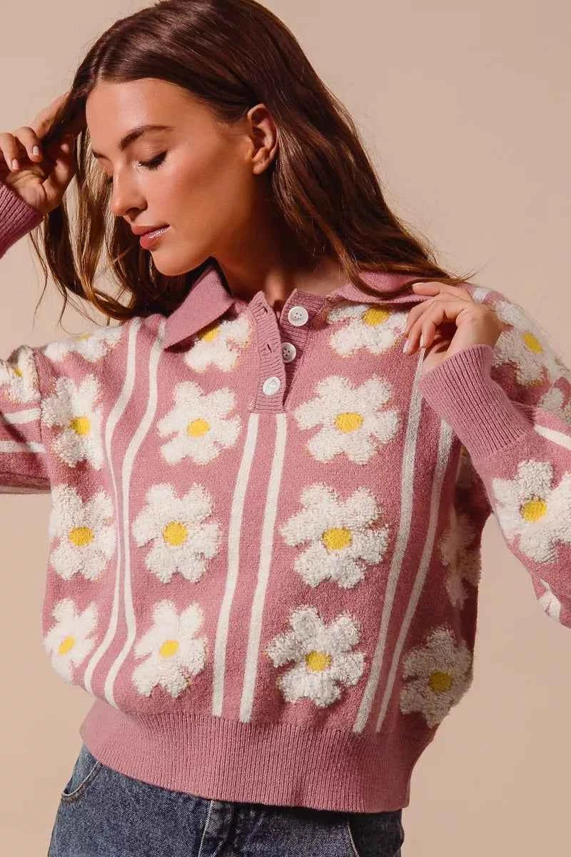 SO ME Floral Stripe Polo Collar Sweater 4ec7f762-4981-49e8-b416-e6ac3192a28c-Max-Origin