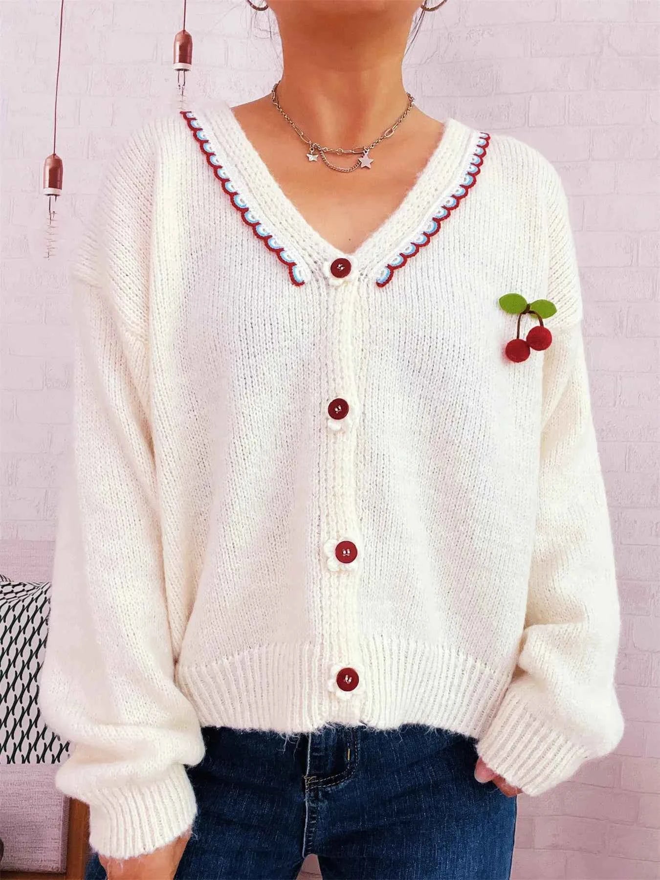 Cherry Button-Front Long Sleeve Cardigan 4ec90c6780f6480c83cbe1e4b5230d8f-Max-Origin