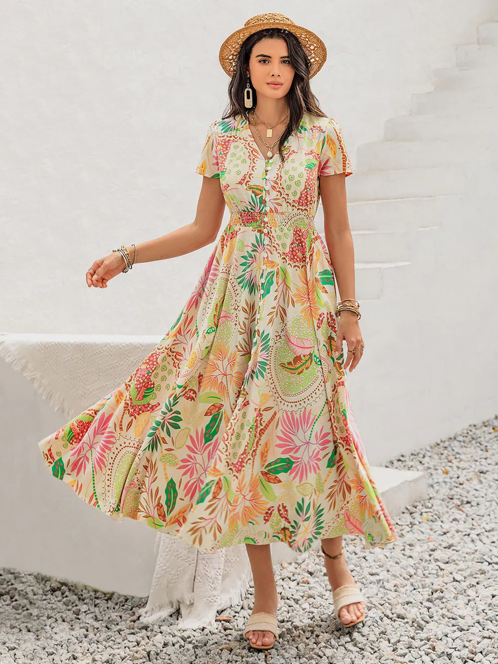 Printed V-Neck Short Sleeve Midi Dress 4ecb6a81-06ab-420f-8e06-51e429380b5a-Max