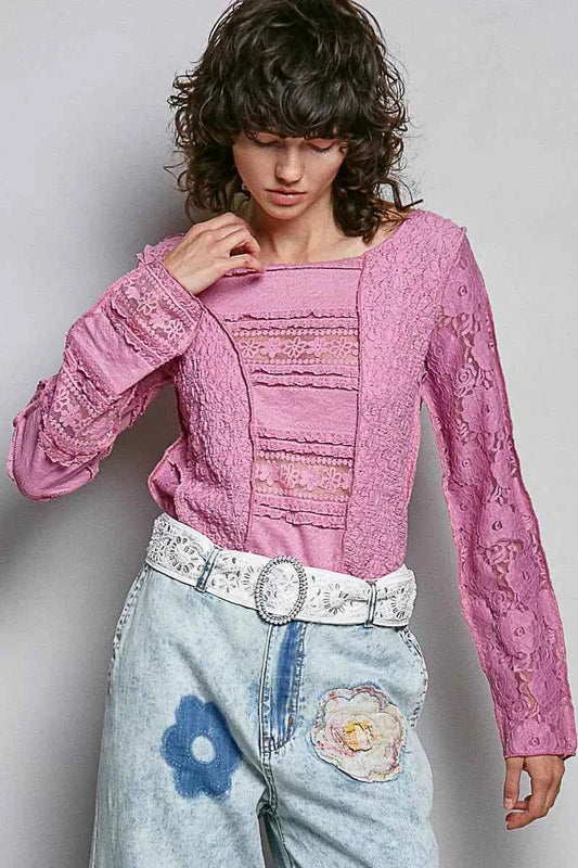 POL Round Neck Long Sleeve Exposed Seam Top with Lace Detail 4ecc9c8e-76b8-403d-9798-7be31c6fa8c5-Max-Origin
