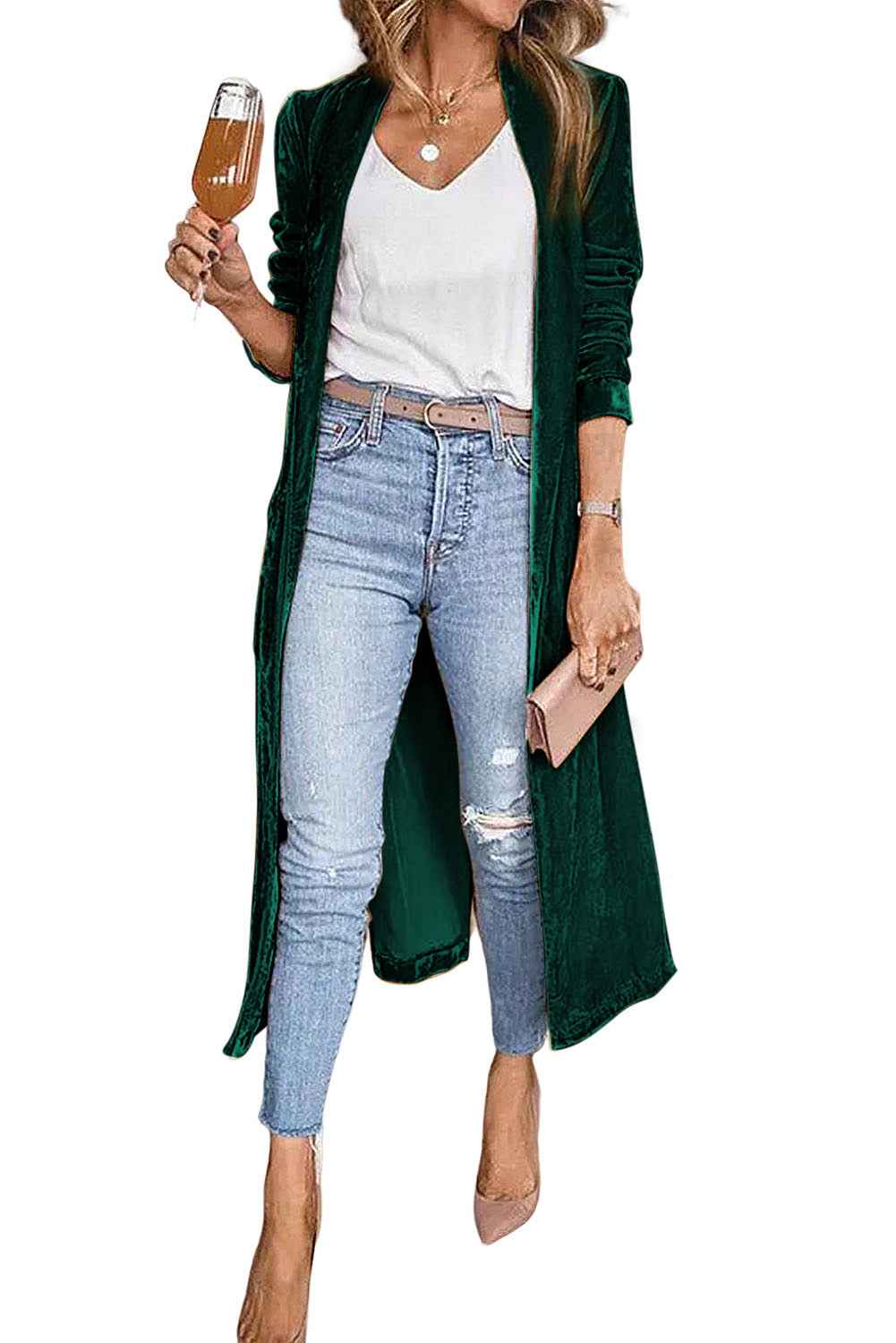 Red Velvet Elegant Open Front Pocket Long Cardigan 4ecf190b2eacb882