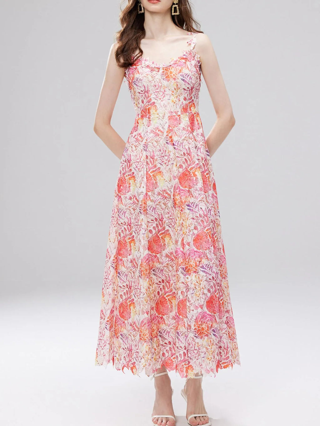 Floral Lace Sleeveless V-Neck Midi Dress 4ed43a80-db05-484a-b858-d4eb7af20e5d-Max-Origin