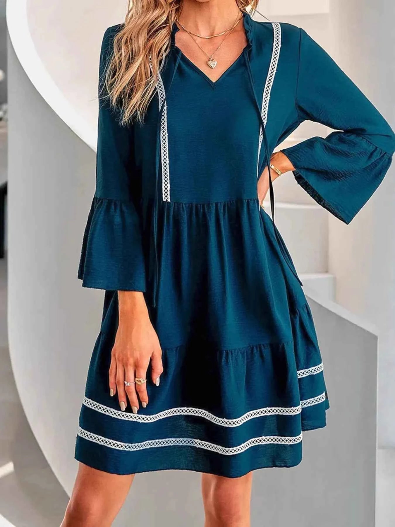 Tie-Neck Long Sleeve Mini Dress with Trim Detail Dark Green 4ed9e06a39b841d5b1e052ab01d1ed21-Max-Origin