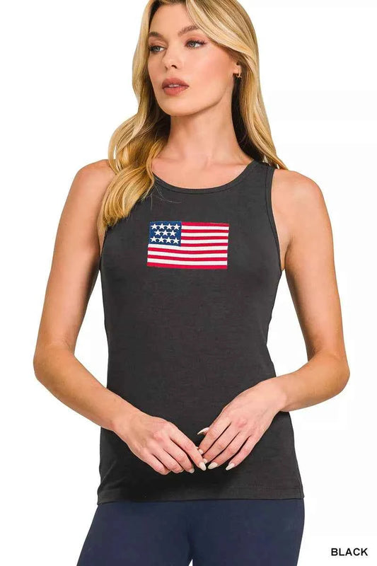 Zenana Double Scoop American Flag Embroidered Tank Top BLACK 4edf23e85cb241eeb0ee1e73dfe95a7e-Max-Origin