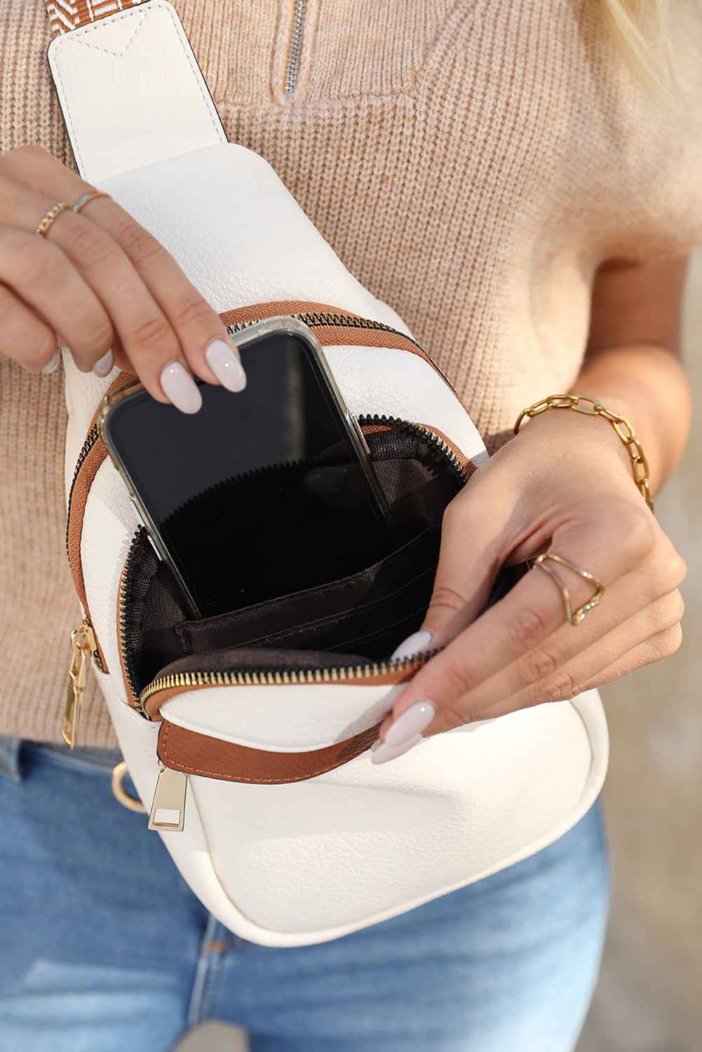 White Casual PU Multi Zipped Street Sling Bag 4eea794f0abc1561