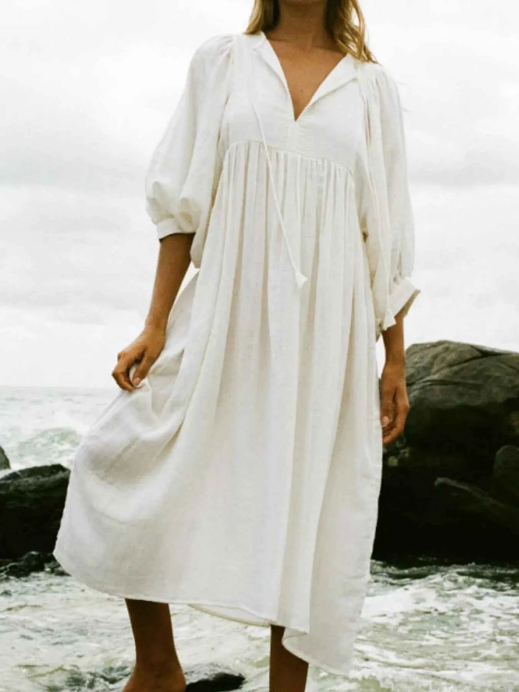 Tie Neck 3/4 Sleeve Midi Dress White 4eeda014-543b-4db1-9cdc-0a39c132ffb5-Max-Origin