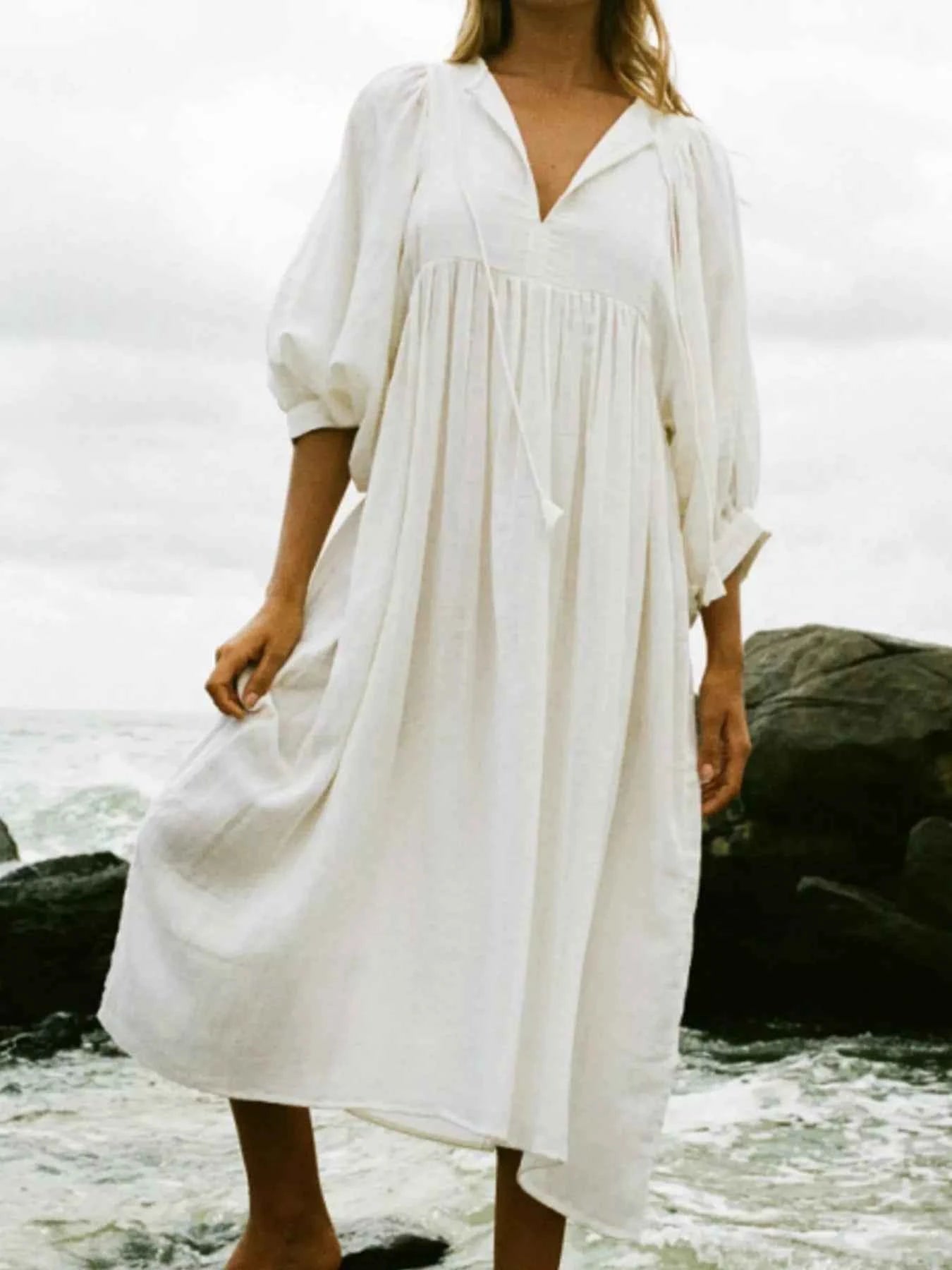 Tie Neck 3/4 Sleeve Midi Dress White 4eeda014-543b-4db1-9cdc-0a39c132ffb5-Max-Origin