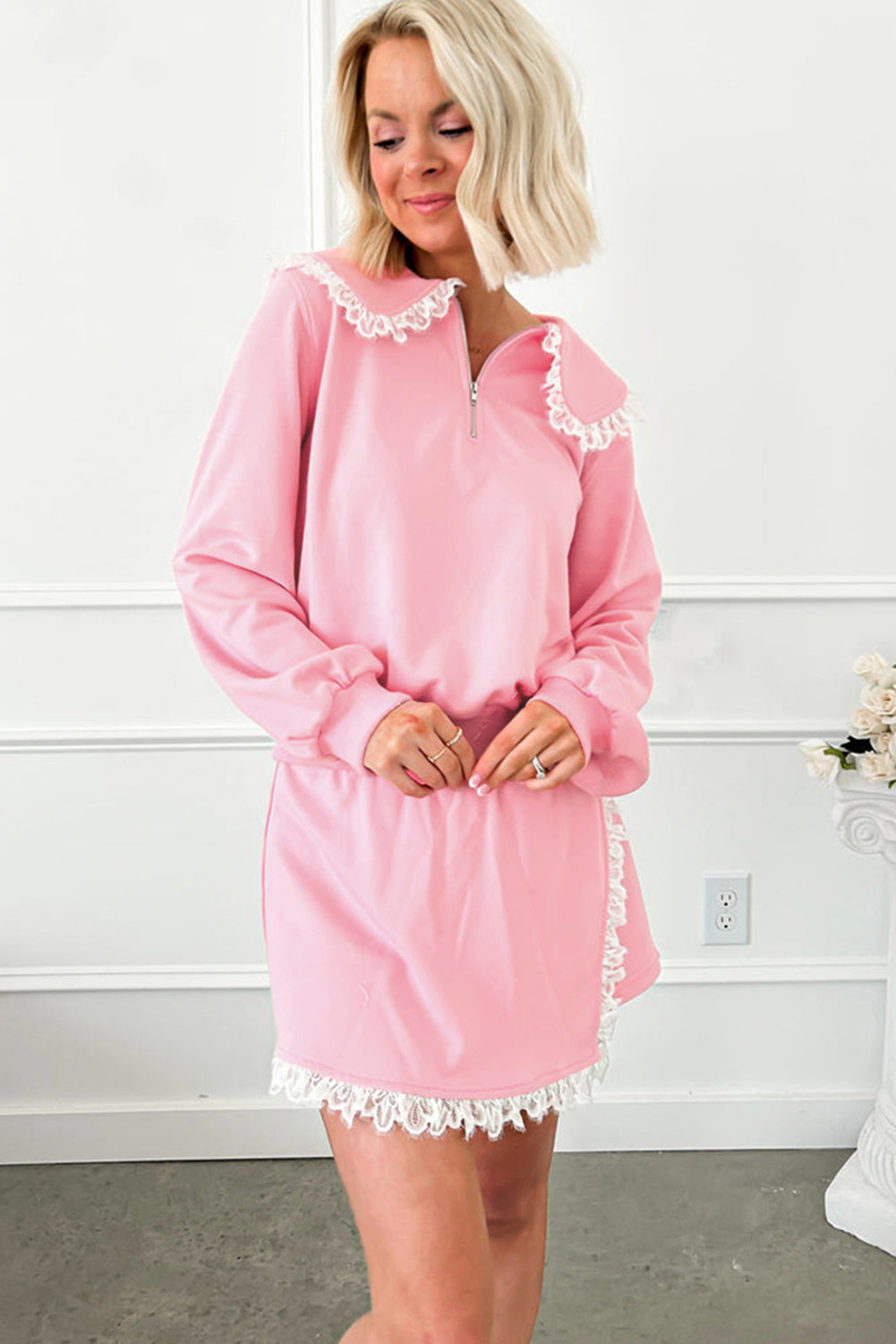 Pink Peter Pan Collar Pullover Lace Embellished Mini Skirt Set 4ef527c21c6d33a2