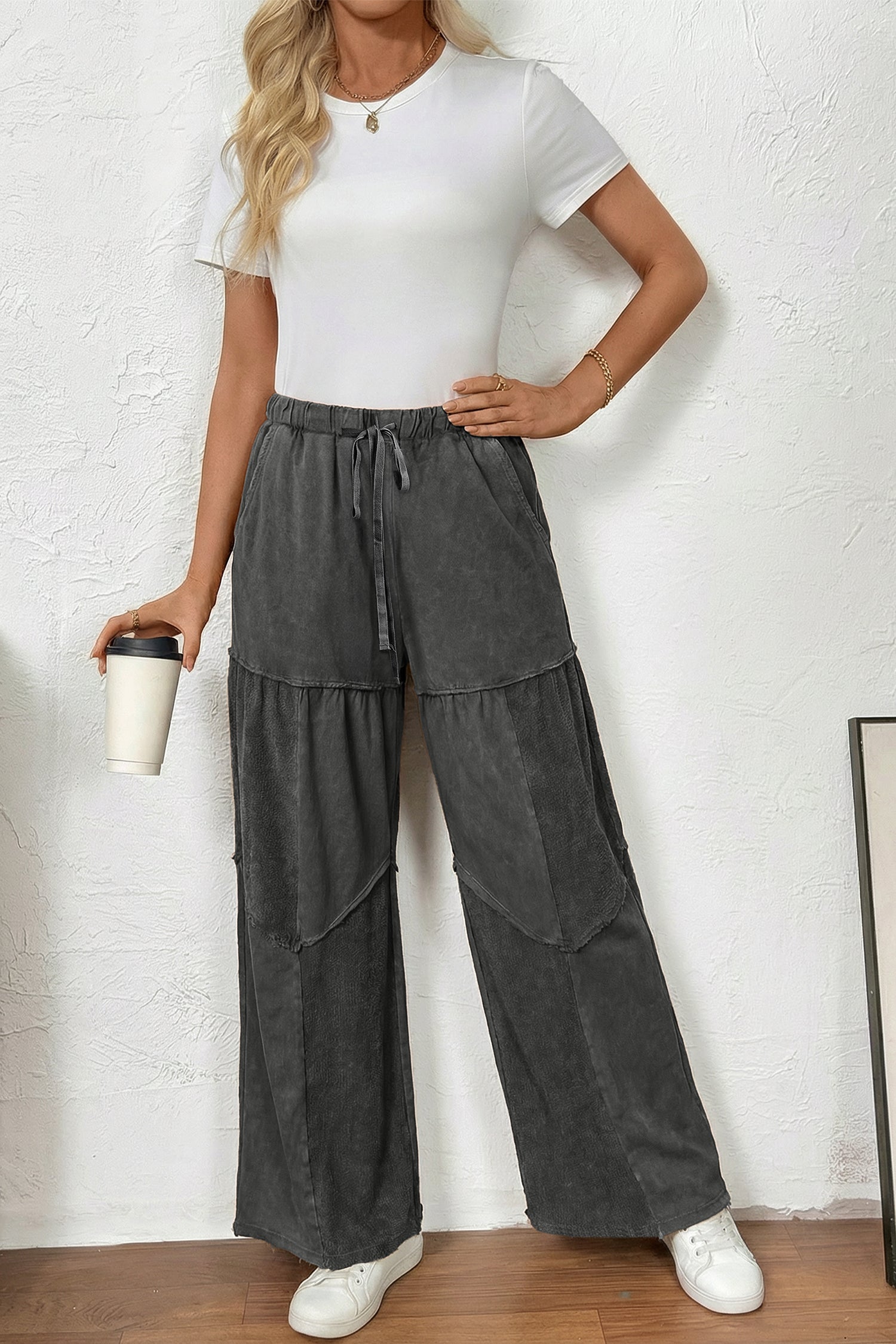 Black Mineral Wash Tiered Wide Leg Patchwork Drawstring Pants 4ef69f2ce9cb88da