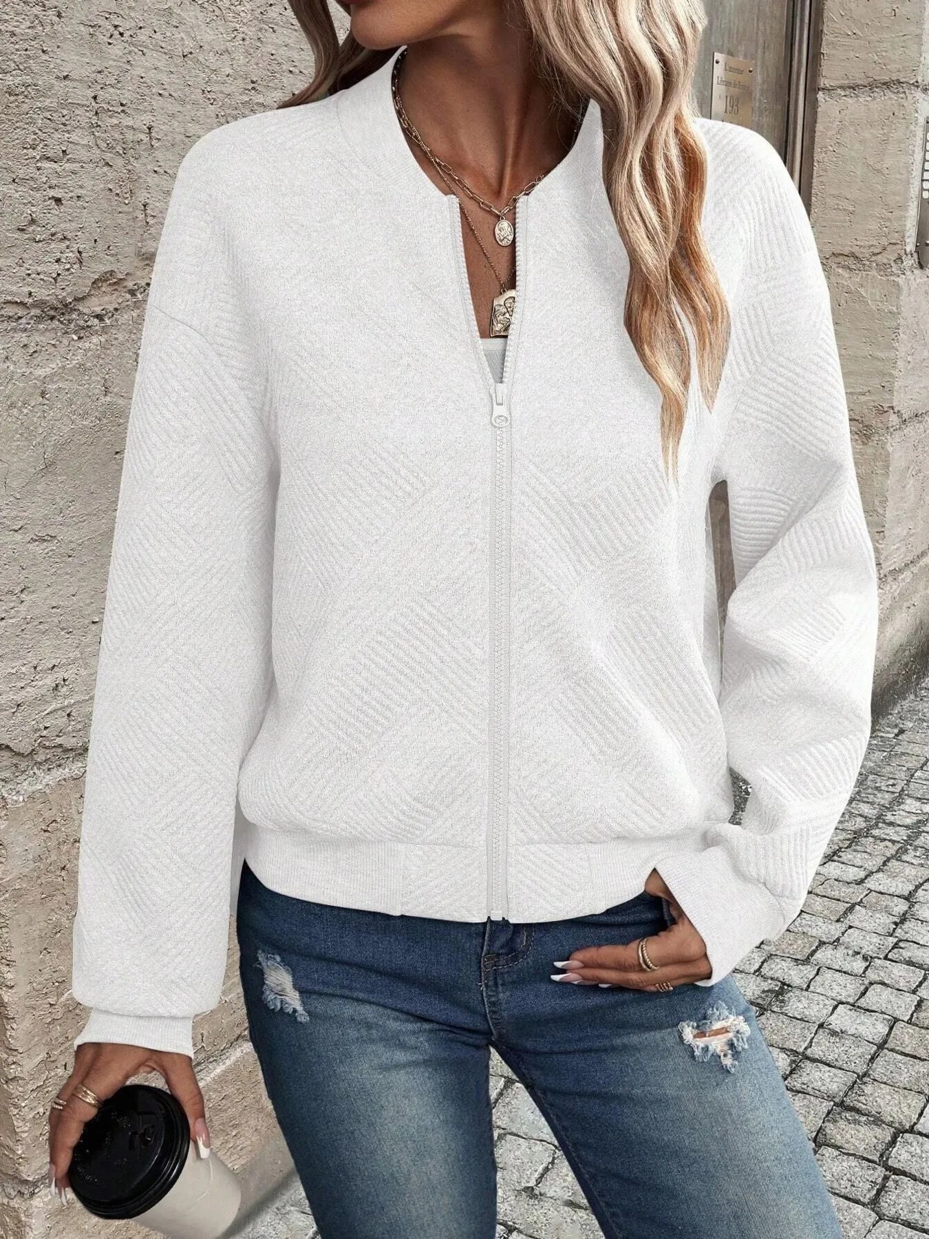 Zip-Up Textured Long Sleeve Jacket 4f0071663dab411b91f0c5fea70078d0-Max-Origin