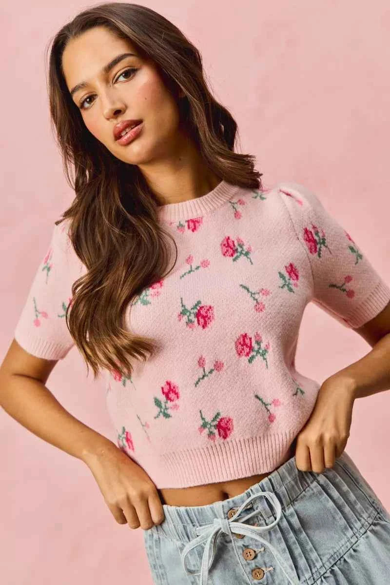 SO ME Floral Pattern Knit Puff Sleeves Sweater Top 4f00eadce1eb4feb9ddb4f0e4795bcd3-Max-Origin
