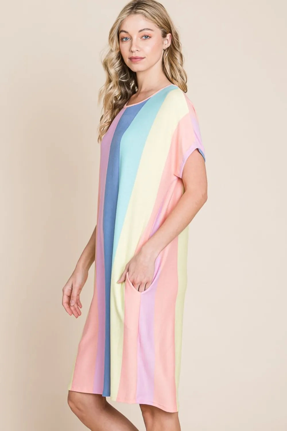 BOMBOM Striped Short Sleeve Dress with Pockets 4f03c76d-54cb-41ce-8b25-5a0473faceac-Max