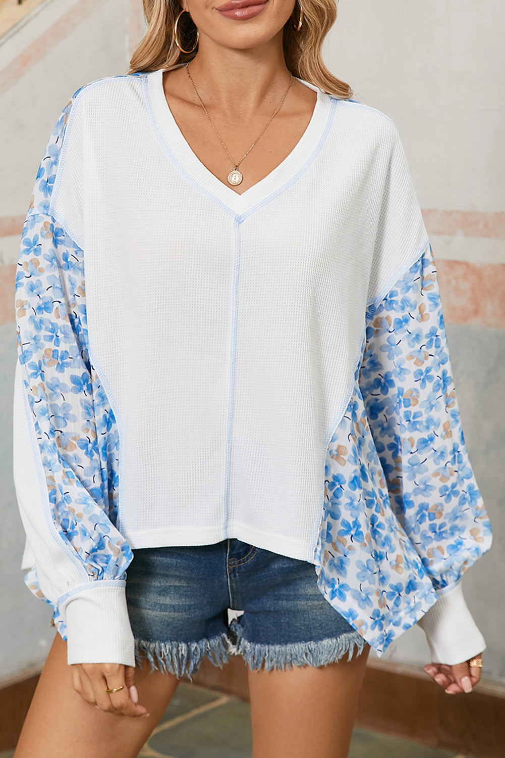 White Abstract Patchwork Waffle V Neck Dolman Top White 75%Polyester+25%Cotton 4f09c8730a2a2473