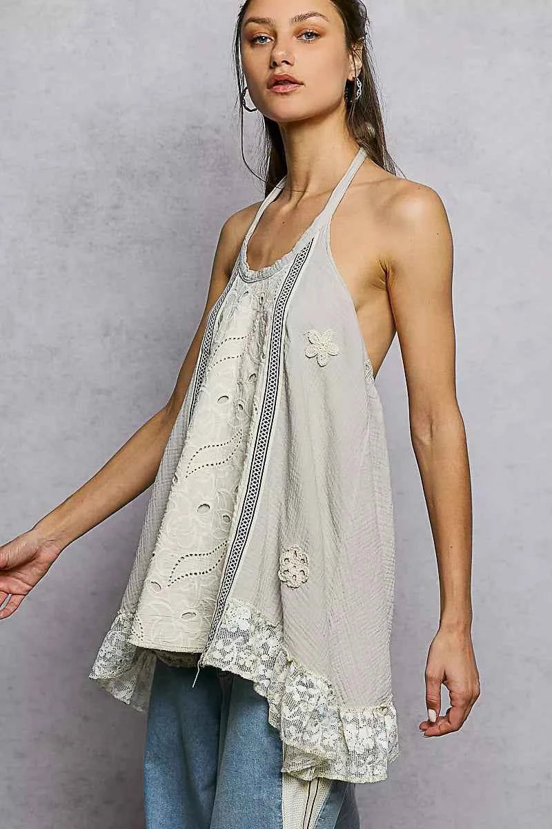 POL Lace Ruffle Halter Neck Double Gauze Top with Crochet Patch 4f13f975-1b13-4ed5-afac-d392464513df-Max-Origin
