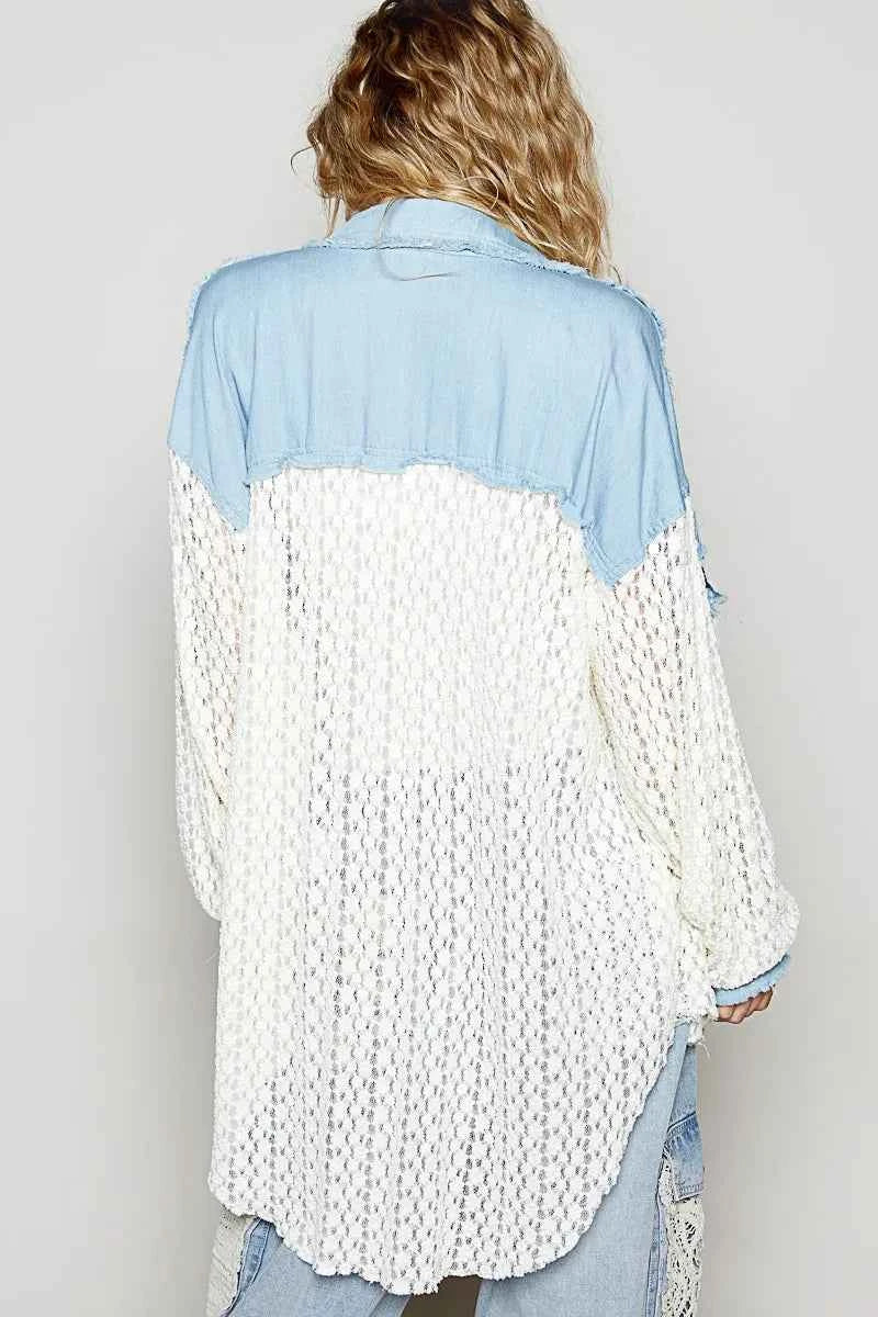 POL High-Low Denim Patchwork Lace Shirt 4f1408ce-1e7f-4df9-9a6c-71ab9ca2695c-Max-Origin
