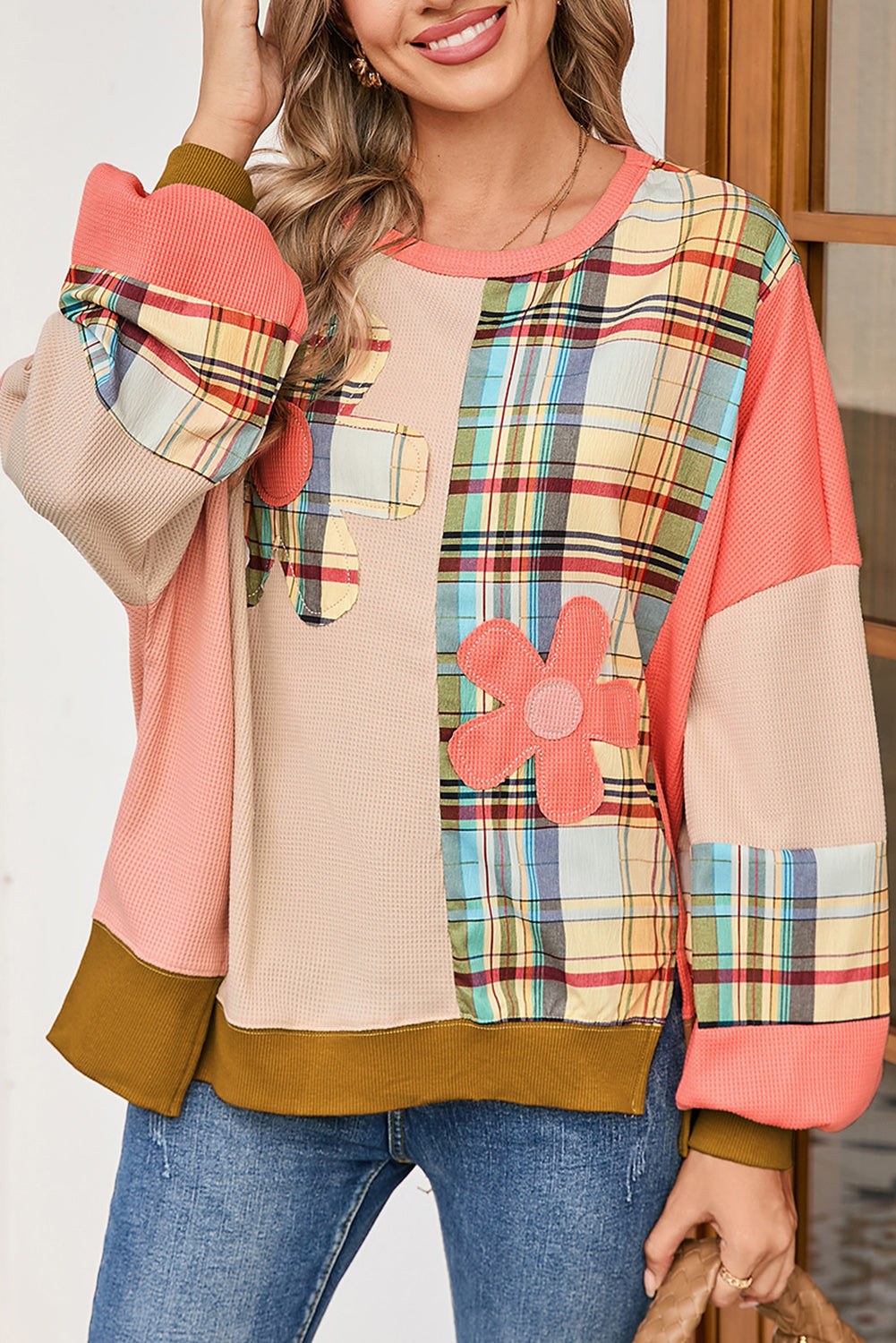 Multicolor Plaid Flower Patchwork Waffle Drop Shoulder Loose Top 4f173970d482ab45