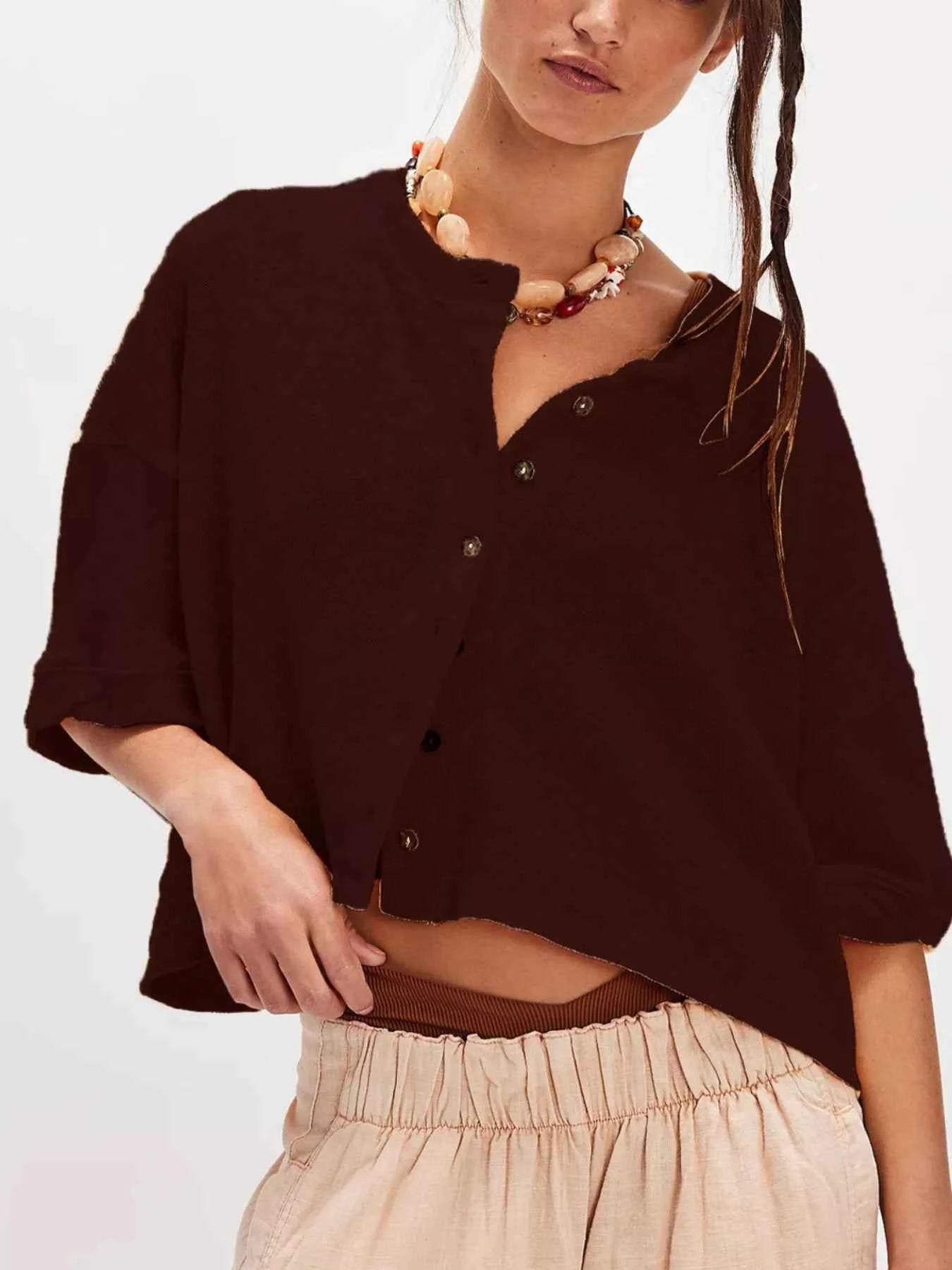 Button-Front Half Sleeve Cardigan Brown 4f1b83e2-00b9-45f7-b793-a5b9d653e707-Max-Origin