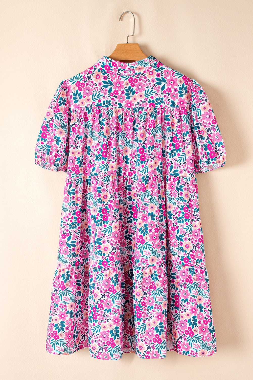 Pink Plus Size Floral Half Button Puff Sleeve A Line Dress 4f252b882adb8bd9