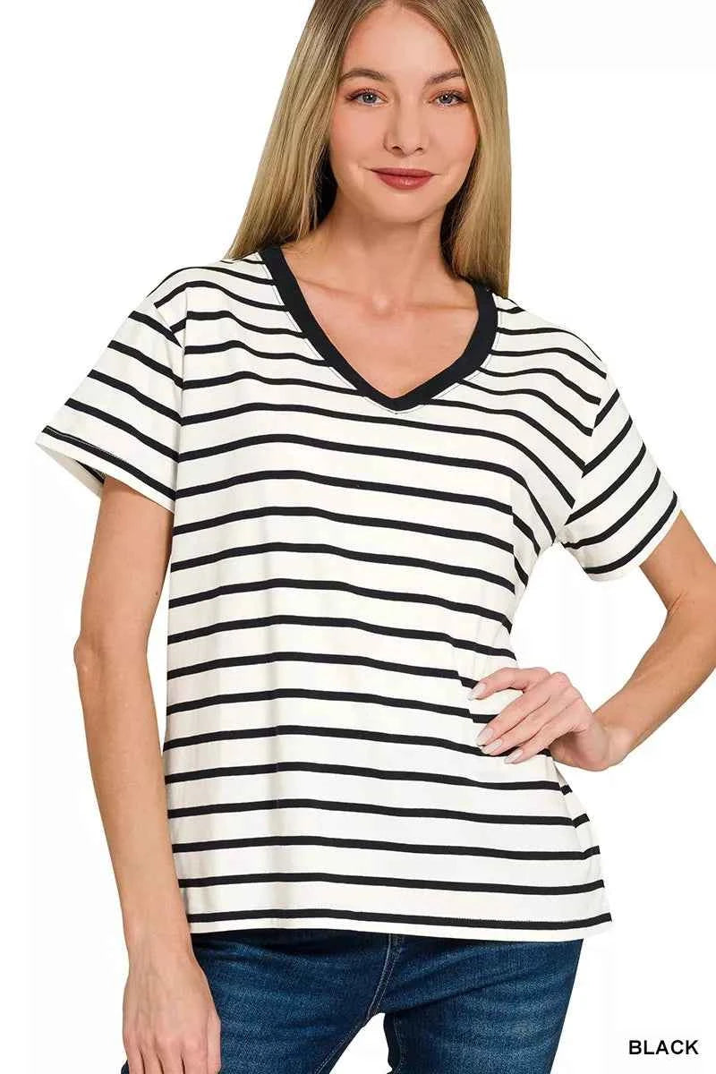 Zenana Striped V-Neck Short Sleeve T-Shirt BLACK 4f2caee8dc9345f684bb24c1667e6859-Max-Origin