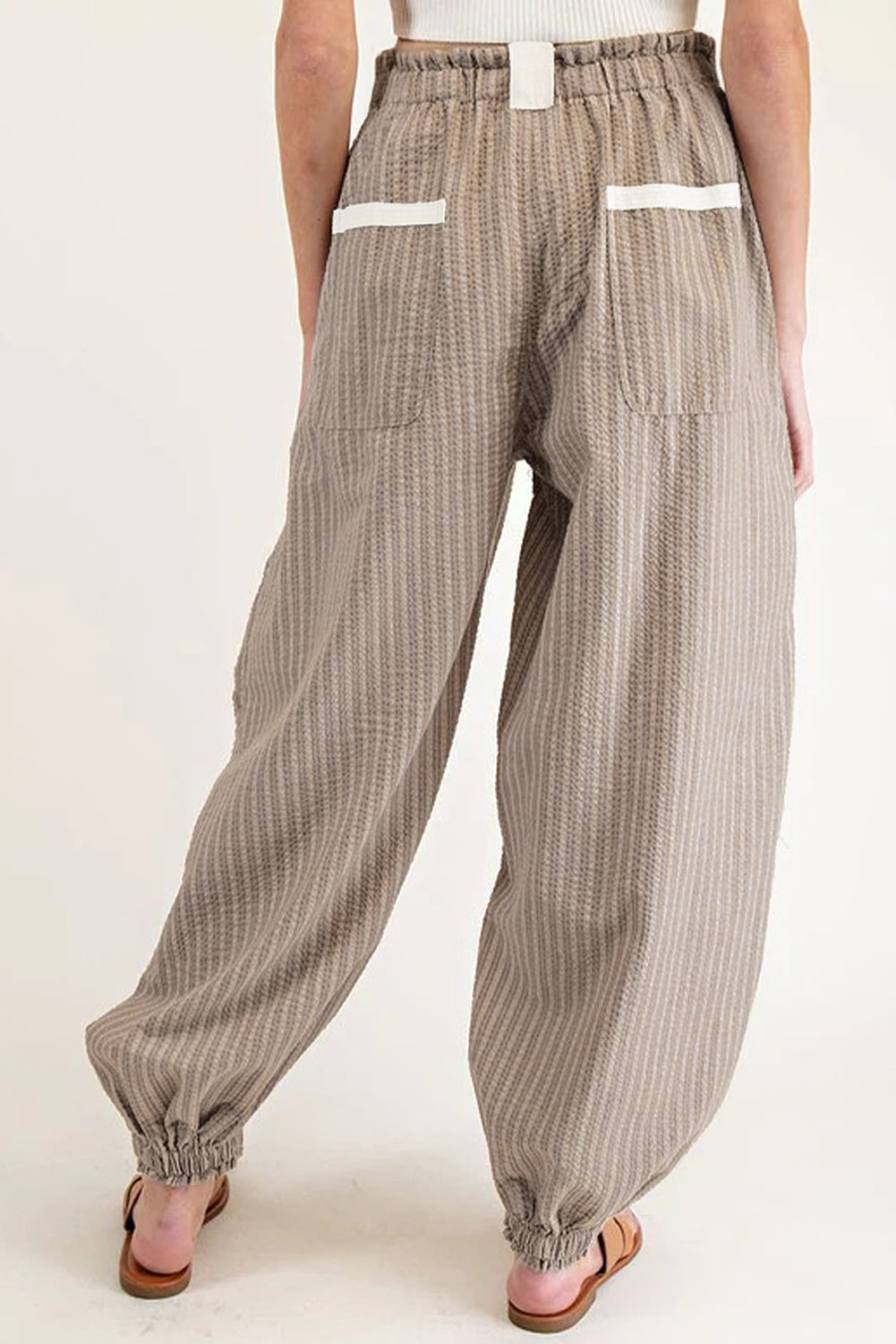 Brown Striped Pocket Knot Detail Lantern Pants 4f2d636343a6dbea