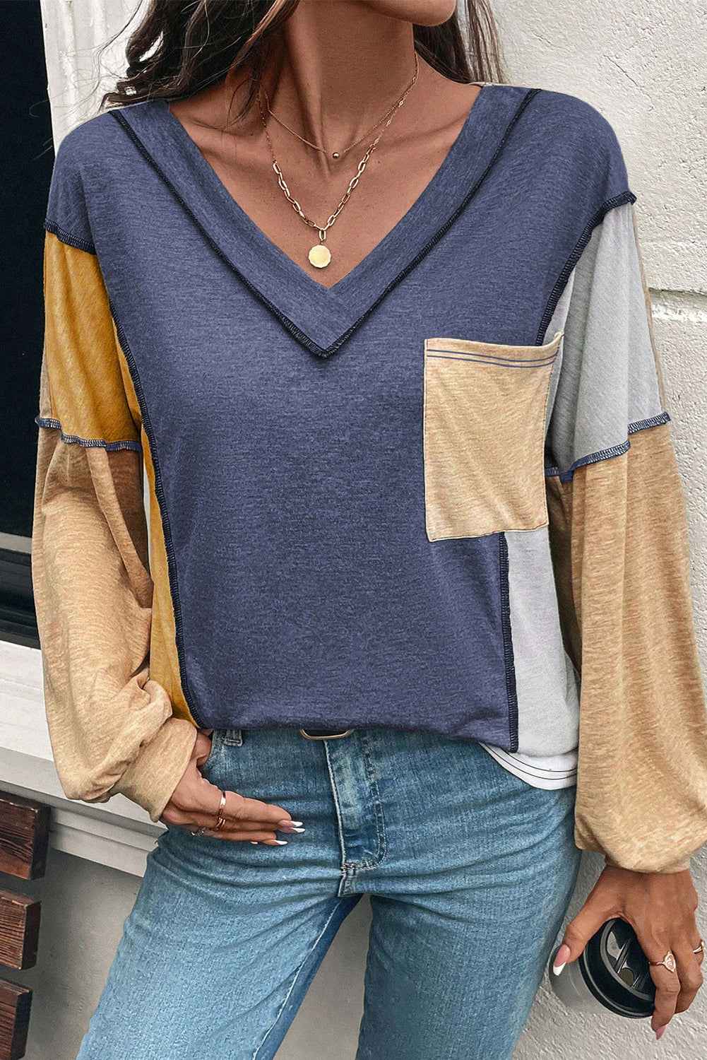 Sail Blue Exposed Stitching Colorblock V Neck Long Sleeve Top 4f30b494e4a87d4c