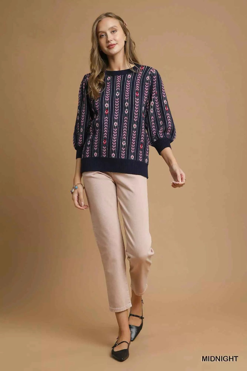 Umgee Jacquard Knit Puff Sleeve Sweater 4f31b263-0d86-496f-9b85-72326c4cbb52-Max-Origin